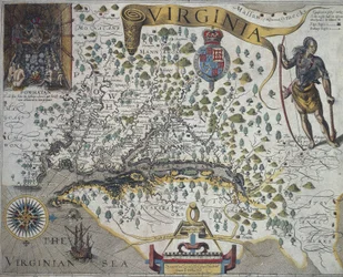 Mapa de Virginia: Recuadro (arriba a la izquierda) que muestra el interior de la cabaña del jefe indio Powathan, por John Smith (1580-1631)
