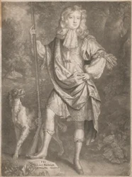 Lord Burleigh [de joven, de pie, con una pistola en la mano y un spaniel a su lado]