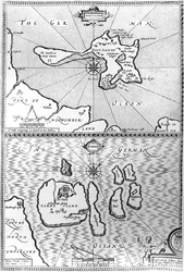 Mapas de Holy Island y Farne Island, Northumberland, de «The Theatre of the Empire of Great Britaine» de John Speed, 1676