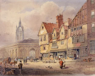 Edificios antiguos, Union Street y Corn Exchange antes de la construcción del Ayuntamiento