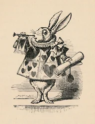 Un conejo como funcionario de la corte tocando una trompeta para un anuncio, 1889