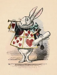 Un conejo como funcionario de la corte tocando una trompeta para un anuncio, 1889