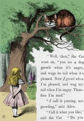 Alicia y el gato, ilustración de Sir John Tenniel para la primera edición de Alicia en el país de las maravillas del escritor inglés Lewis Carroll (Charles Lutwidge Dodgson) (1832-1898).