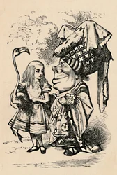 Alicia llevando la cigüeña y hablando con la duquesa