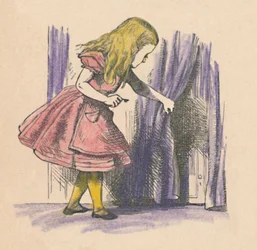 Alicia mirando una pequeña puerta detrás de una cortina, 1889
