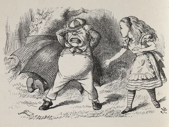 Alice con Angry Tweedledum y Tweedledee escondido.