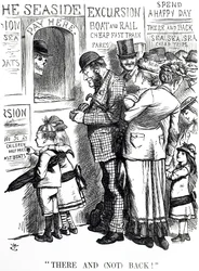 Caricatura comentando sobre la frecuencia de accidentes en trenes de excursión abarrotados