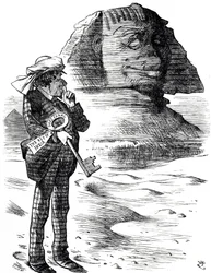 Dibujo que muestra al Primer Ministro Benjamin Disraeli sosteniendo el Canal de Suez como la clave para la posesión e influencia británica en la India