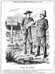 Cecil John Rhodes pidiendo permiso al emperador alemán para instalar una línea telegráfica a través de África Oriental Alemana. De El Cabo a El Cairo, caricatura de John Tenniel para Punch, Londres, 22 de marzo de 1899. Grabado