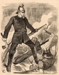 Eyre Massey Shaw combatiendo el fuego, de "Punch" Londres, 20 de agosto de 1887 (grabado)