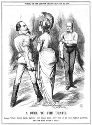 Guerra Franco-Prusiana 1870-1871: Britannia tratando de contener a Napoleón III de embarcarse en la guerra con Alemania. Declaración francesa entregada a Berlín el 19 de julio, proclamación el 23 de julio. Caricatura de John Tenniel para Punch, Londres, 23