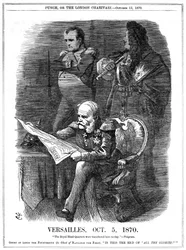 Guerra franco-prusiana 1870-1871: Las sombras de Luis XIV y Napoleón I lamentan el ocaso de la gloria de Francia. El 5 de octubre de 1870 Guillermo I, rey de Prusia, hizo de Versalles su cuartel general y el 18 de enero fue proclamado emperador de