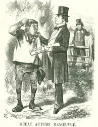 Gran Maniobra de Otoño: Gladstone pensaba que eventualmente el voto debía ser dado a los trabajadores agrícolas (Hodge). En ese momento su primer ministro estaba inestable y Disraeli esperaba tomar su lugar. Caricatura de John Tenniel de 
