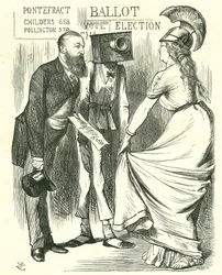 Hugh Childers (1827-1896) parlamentario británico, informando a Britannia del éxito de la nueva urna. Caricatura de John Tenniel de 