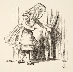 Mirando detrás de la cortina, de Las aventuras de Alicia en el país de las maravillas de Lewis Carroll (1832 - 98), pub. 1891