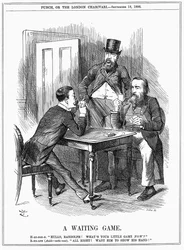Lord Randolph Churchill (izquierda) tratando de hacer que Charles Stewart Parnell, político irlandés, muestre su mano y deje que Churchill y Hartington sepan cómo usará los votos parnellitas que comanda en la Cámara de los Comunes. Caricatura de John Tenni