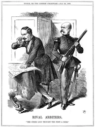 Napoleón III (1808-1873), Emperador de Francia 1852-1870, y Otto von Bismarck (1808-1783), Canciller de Prusia, repartiendo Europa. Sus ambiciones conflictivas llevaron a la Guerra Franco-Prusiana de 1870-1871. Caricatura de John Tenniel de Punch, Londres,