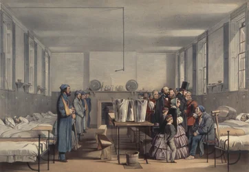 La reina Victoria y el príncipe Alberto visitando a soldados heridos en la Guerra de Crimea, en el Hospital Brompton, Chatham, 1855