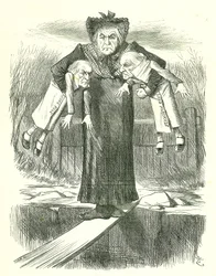 Anota dos y lleva uno: Gladstone, el primer ministro británico, en un dilema sobre cuál de los controvertidos proyectos de ley irlandeses desechar. Caricatura de John Tenniel de Punch, Londres, 3 de abril de 1886