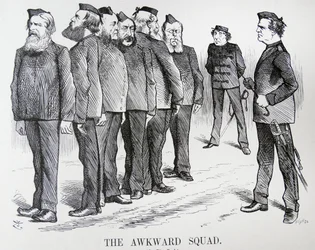 EL ESCUADRÓN TORPE. Caricatura de John Tenniel. Las dificultades que Disraeli tenía con diferentes opiniones en su gabinete sobre políticas en la Guerra Ruso/Turca