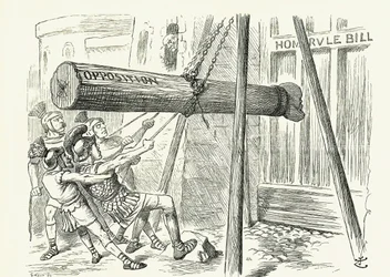 «El asalto»: el proyecto de ley liberal de Gladstone sobre el autogobierno, atacado por la oposición conservadora con un ariete que lleva la cabeza de su líder, lord Salisbury. Caricatura de John Tenniel publicada en Punch, Londres