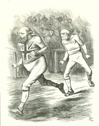 El final: Elecciones generales de 1886. Gladstone (liberal) se dirigió al país por su proyecto de ley de autonomía para Irlanda. Salisbury (oposición conservadora) vence a Gladstone en la línea de meta. Caricatura de John Tenniel de Punch, Londres