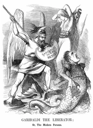 Unificación de Italia: Giuseppe Garibaldi (1807-1882), patriota italiano, conquistando Sicilia y Nápoles en nombre del nuevo reino de Italia. Caricatura de John Tenniel de Punch, Londres