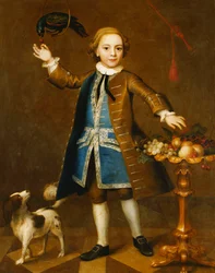 Retrato de un niño, cuerpo entero, con un abrigo marrón, chaleco azul con trenza plateada, sosteniendo una cereza a un loro, un spaniel a su lado, con frutas en un soporte, 1741