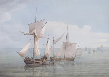 Un Hoy y un Lugger con otros barcos en un mar en calma