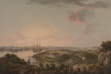 Puerto Mahón, Menorca, con hombres de guerra británicos anclados