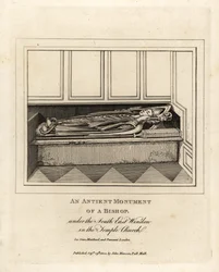 Antiguo monumento de un obispo bajo la ventana sureste de la Iglesia del Templo del siglo XII, Londres
