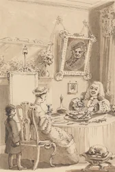 Hogarth bebiendo la primera copa de vino con su mujer - Sus perros guardan respetuosas distancias