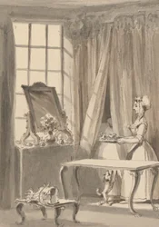Hogarth ha preparado el desayuno y envía una taza a su esposa al mismo tiempo que ordena que la perrita sea admitida en la alcoba de su ama.