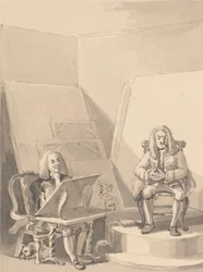 Hogarth haciendo un retrato de H. Fielding, para un librero, a partir de los rasgos de Garrick, quien tomó prestada una de las pelucas del autor para el propósito particular de que no hubiera un retrato genuino de él.