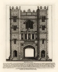 Newgate, reconstruida en 1672 después del Incendio de Londres, con tres figuras Justicia, Fortaleza y Prudencia del antiguo portal construido por el Alcalde de Londres Richard Whittington