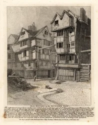 Casas antiguas en Butcher Row, Londres. Se dice que la casa de la esquina derecha, en St Clement