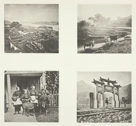 Parte del asentamiento extranjero de Foochow, terrazas en colinas, mujeres en el campo de Foochow, un arco memorial, c. 1868