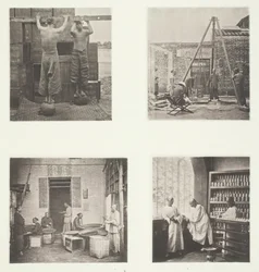 Enrollando té de alcaparra perfumado y pólvora, pesando té para exportación, una casa de té..., c. 1868