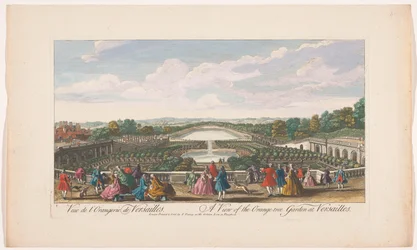 Vista de los naranjos frente a la Orangerie del Palacio de Versalles Una vista del jardín de naranjos en Versalles (título sobre el objeto)