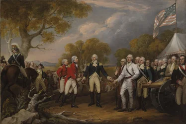 Batalla de Saratoga, el general británico John Burgoyne rindiéndose al general estadounidense Horatio Gates, 17 de octubre de 1777, c.1822-32