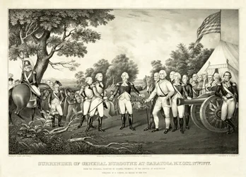 Rendición del General Burgoyne en Saratoga, N.Y., 17 de octubre de 1777, pub. N. Currier