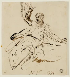Figura masculina sentada con el brazo levantado