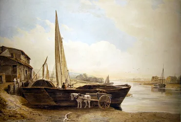 Un barco del Támesis varado para descargar