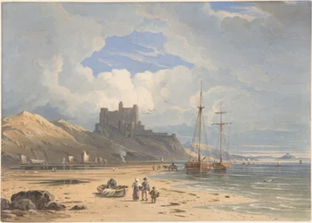 El castillo de Bamborough desde el noreste, con Holy Island a lo lejos, Northumberland