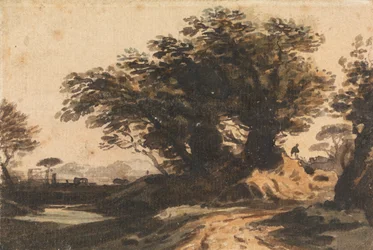 Paisaje con un grupo de árboles cerca de una carretera y un arroyo