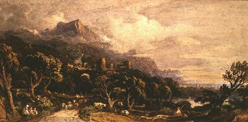 Paisaje con castillo y montaña