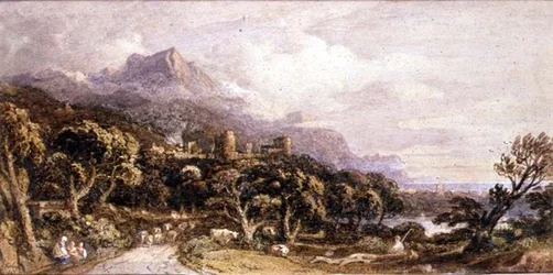 Paisaje con castillo y montaña