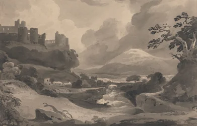 Paisaje montañoso con ruinas de un castillo sobre un acantilado