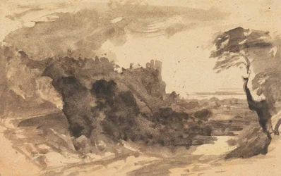 Paisaje romántico con un castillo y un árbol a la derecha