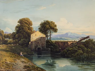 Molino de agua con castillo y colinas distantes